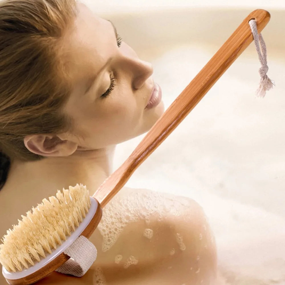 PureReach™ Wooden Bath Brush – Long Handle Shower Scrubber for Full-Body Cleaning