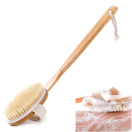 PureReach™ Wooden Bath Brush – Long Handle Shower Scrubber for Full-Body Cleaning