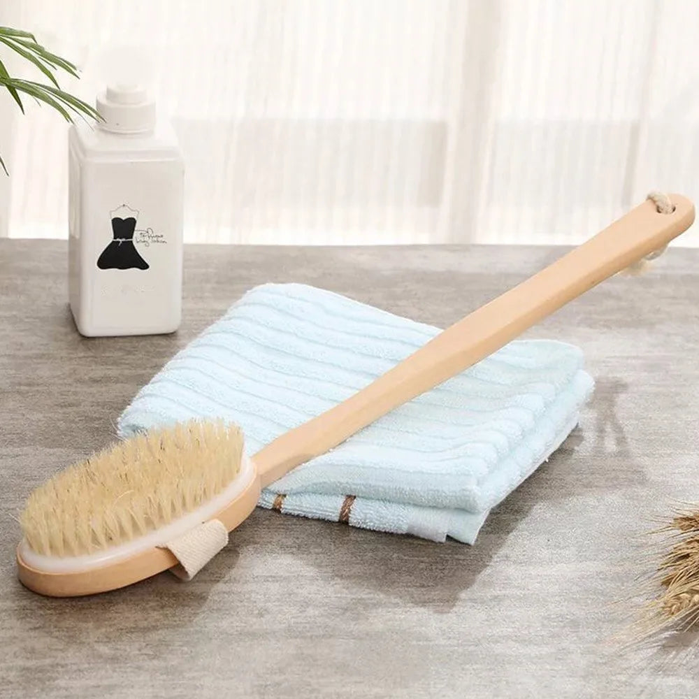 PureReach™ Wooden Bath Brush – Long Handle Shower Scrubber for Full-Body Cleaning